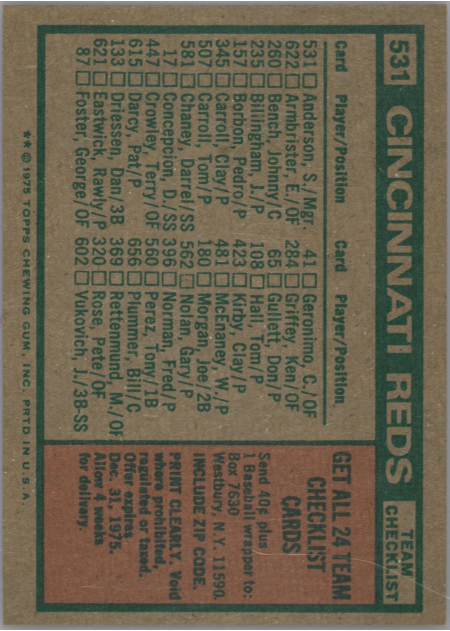 1975 Topps #531 Cincinnati Reds card back