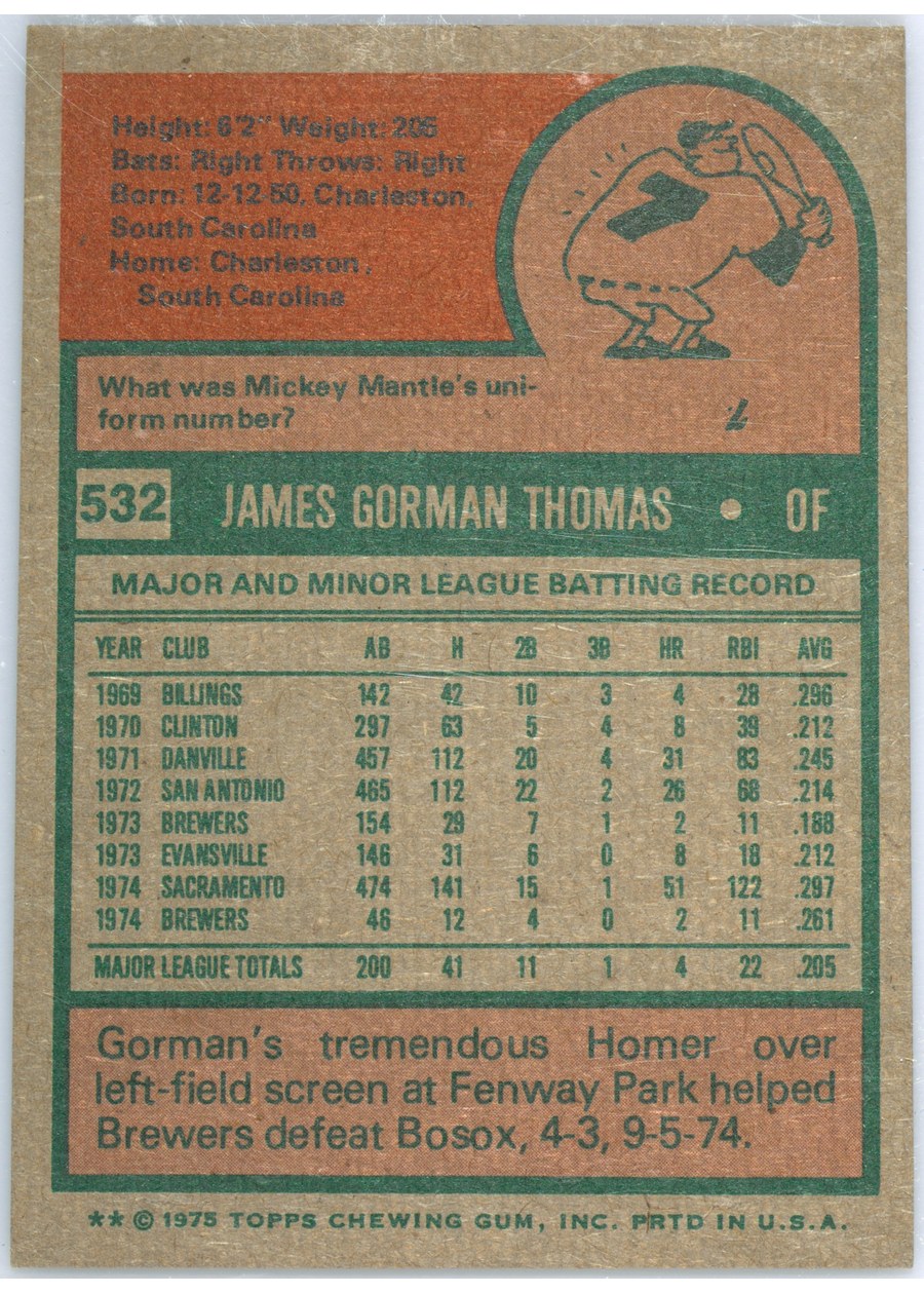 1975 Topps #532 Gorman Thomas card back