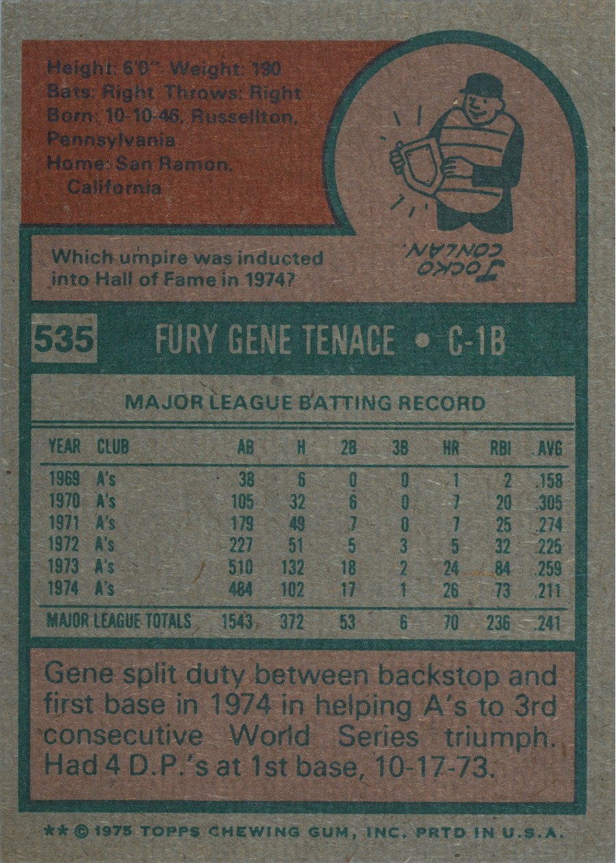 1975 Topps #535 Gene Tenace card back