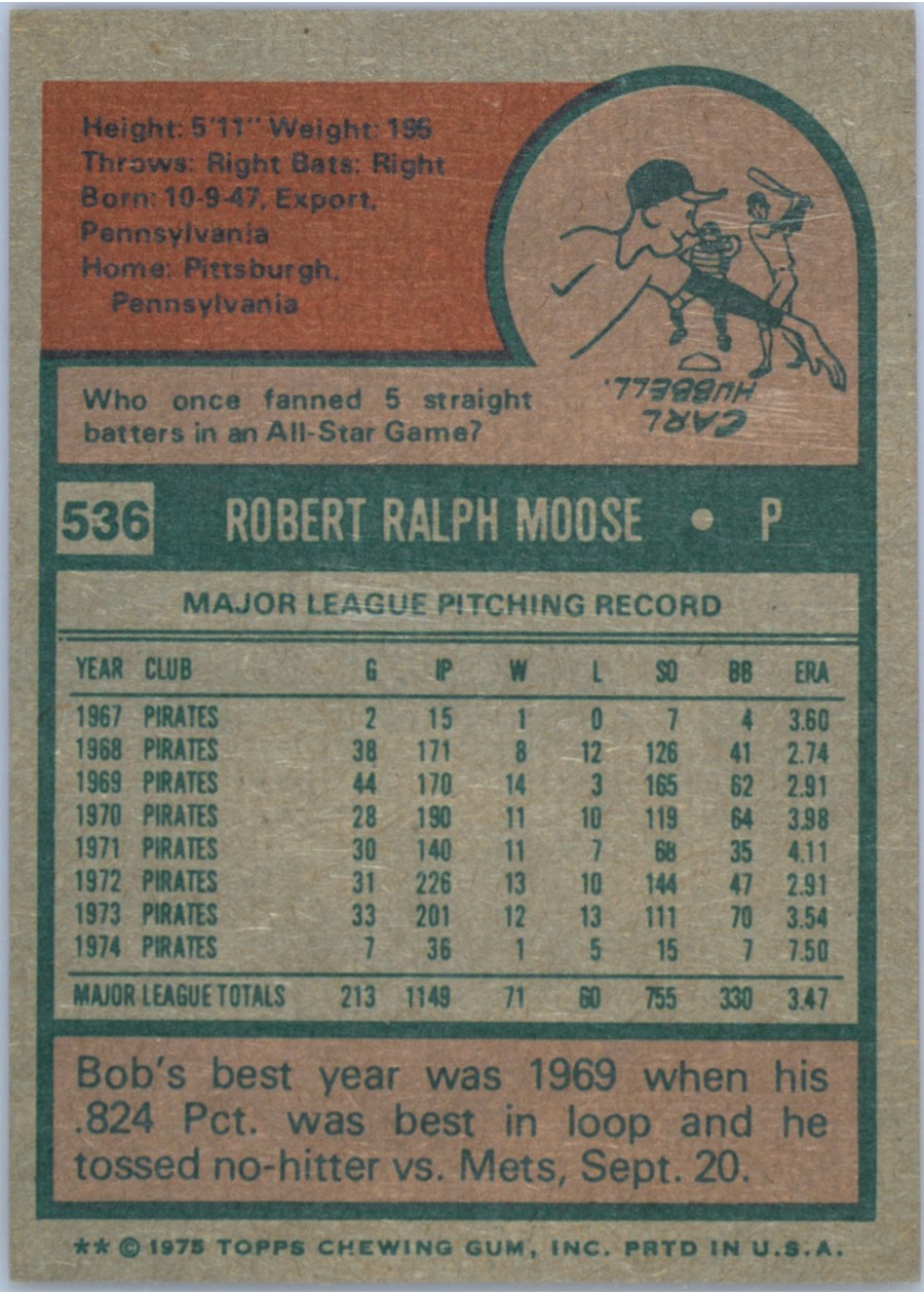 1975 Topps #536 Bob Moose card back