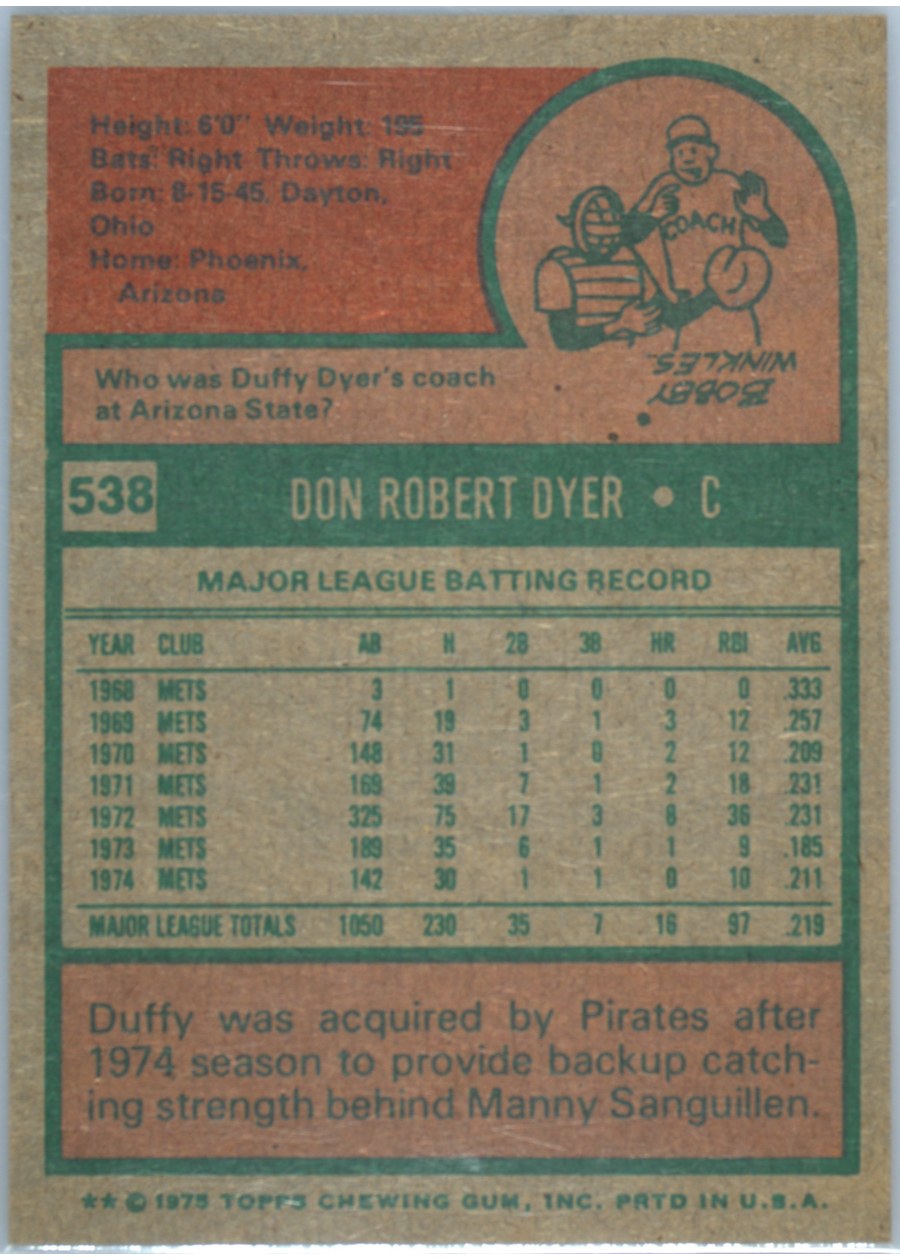 1975 Topps #538 Duffy Dyer card back