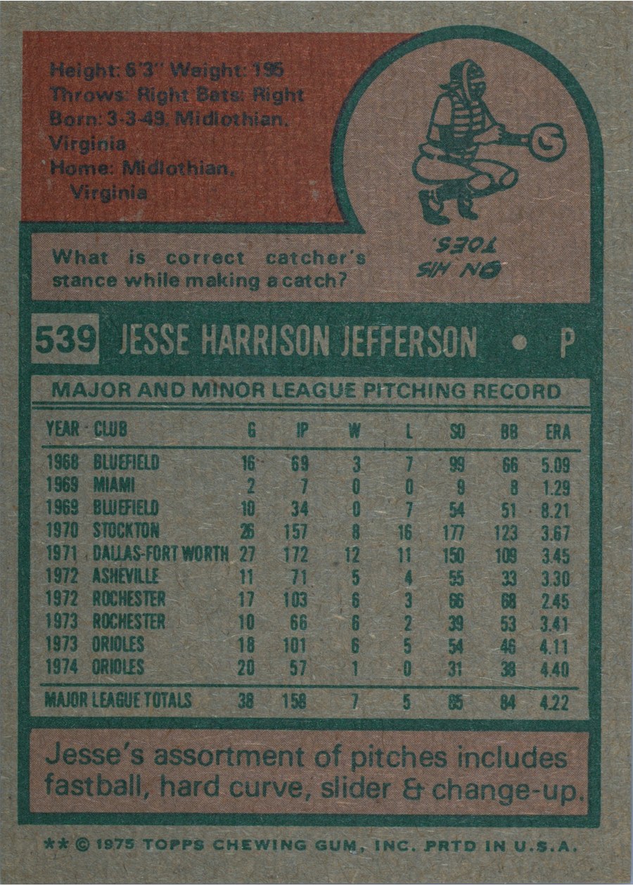 1975 Topps #539 Jesse Jefferson card back