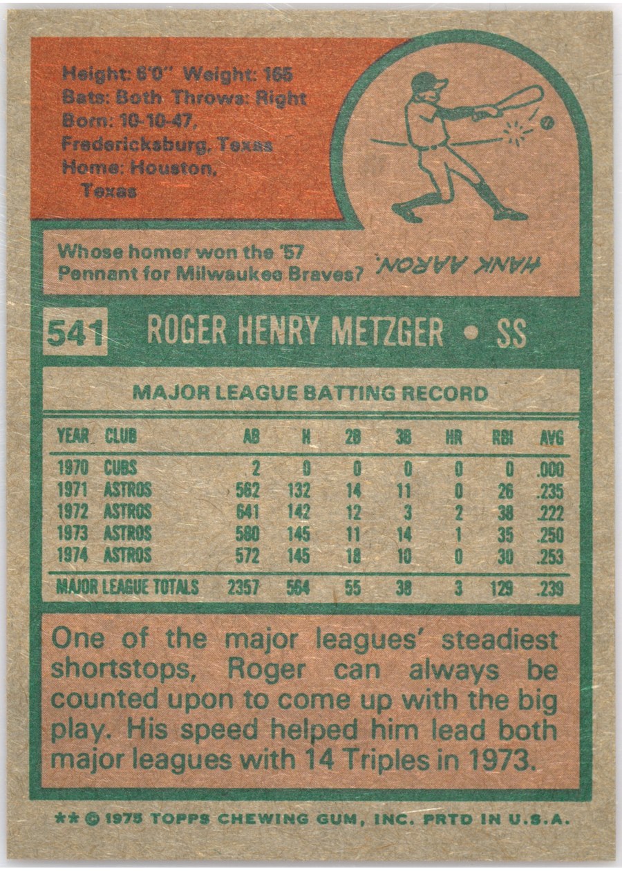 1975 Topps #541 Roger Metzger card back
