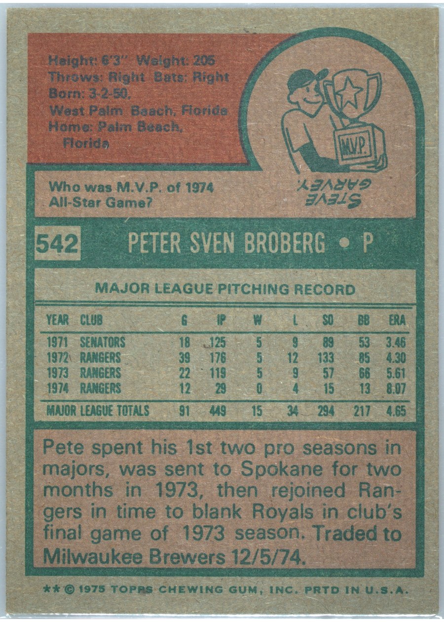 1975 Topps #542 Pete Broberg card back