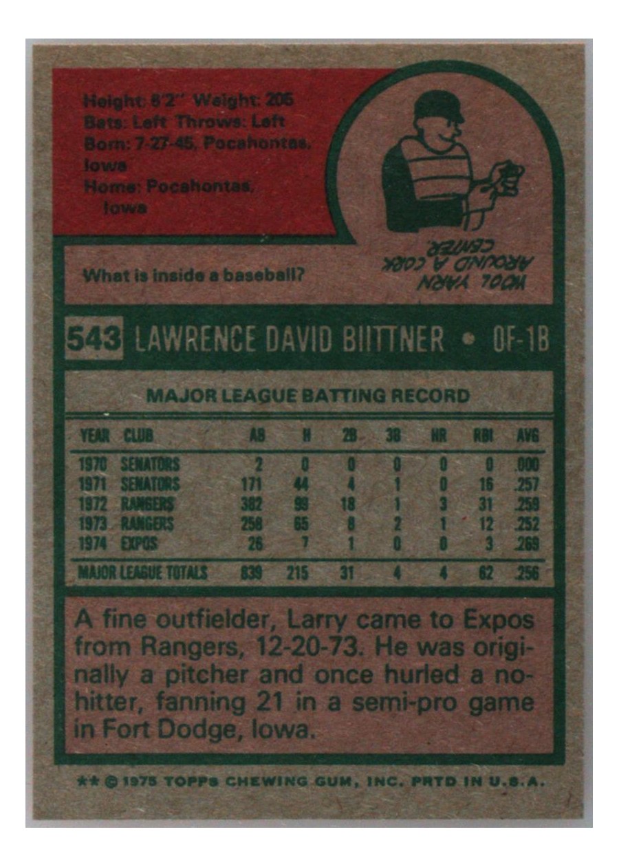1975 Topps #543 Larry Biittner card back