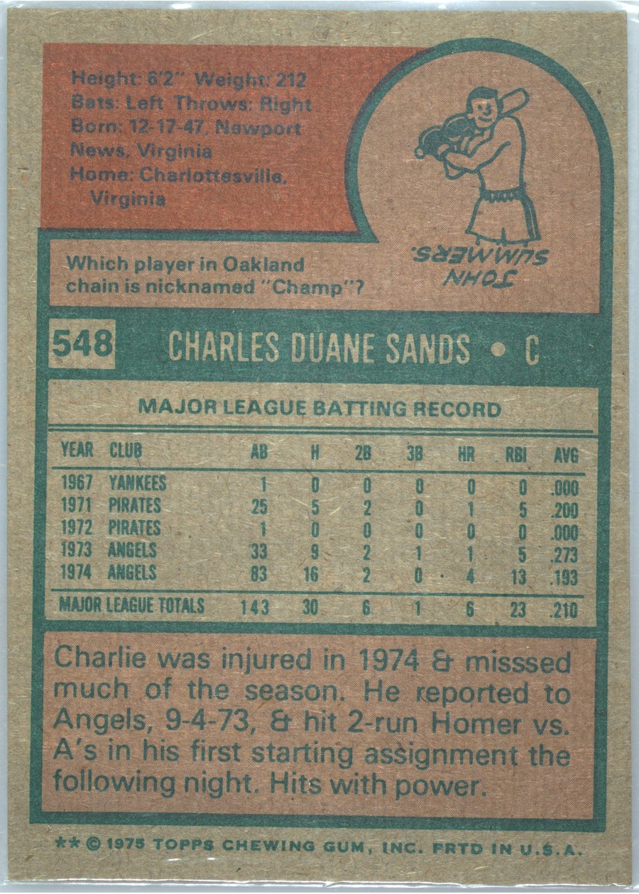 1975 Topps #548 Charlie Sands card back