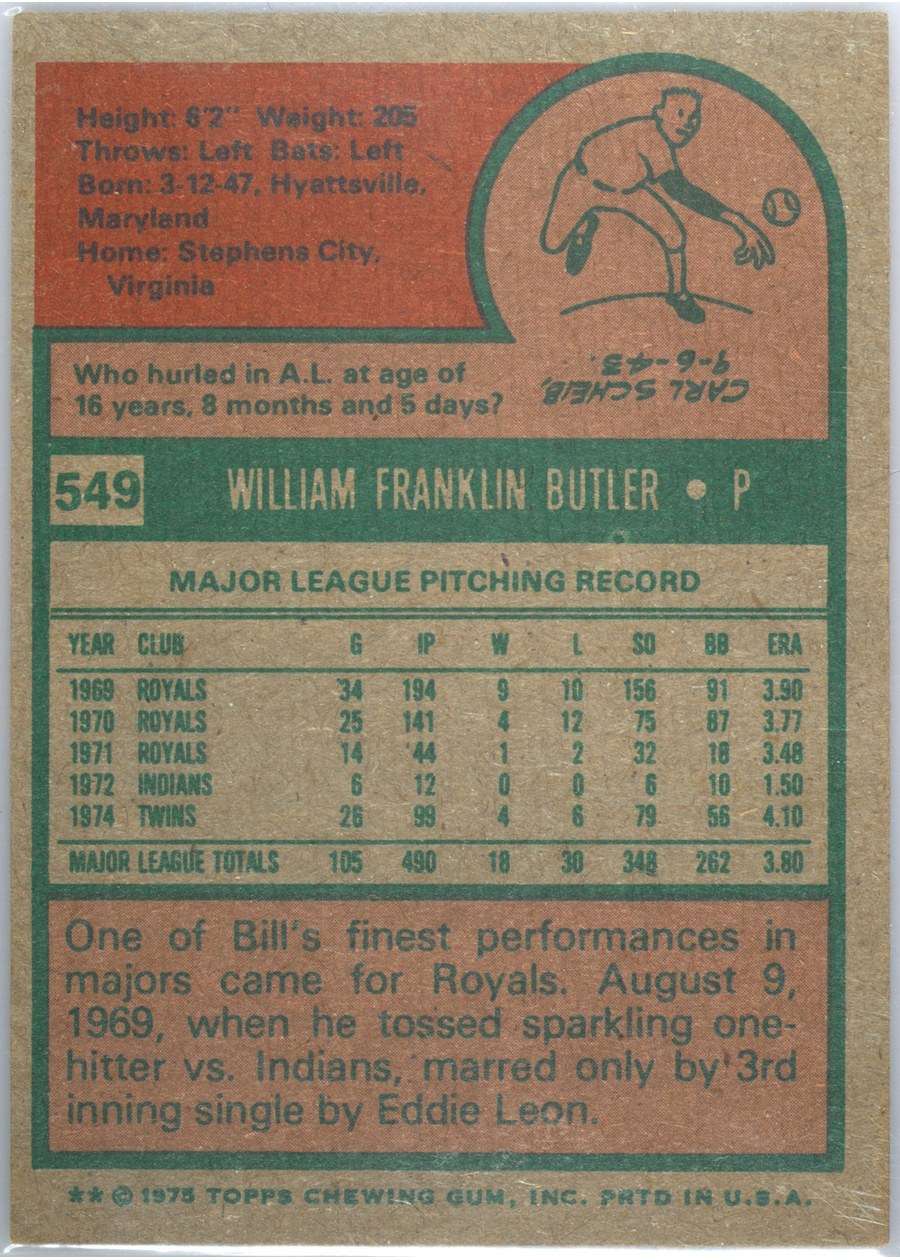 1975 Topps #549 Bill Butler card back