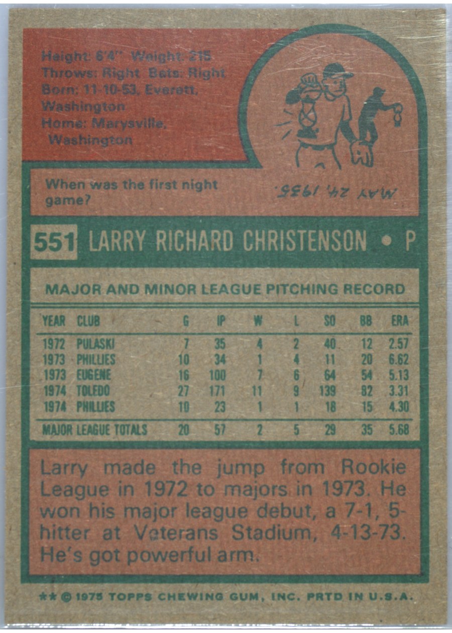 1975 Topps #551 Larry Christenson card back
