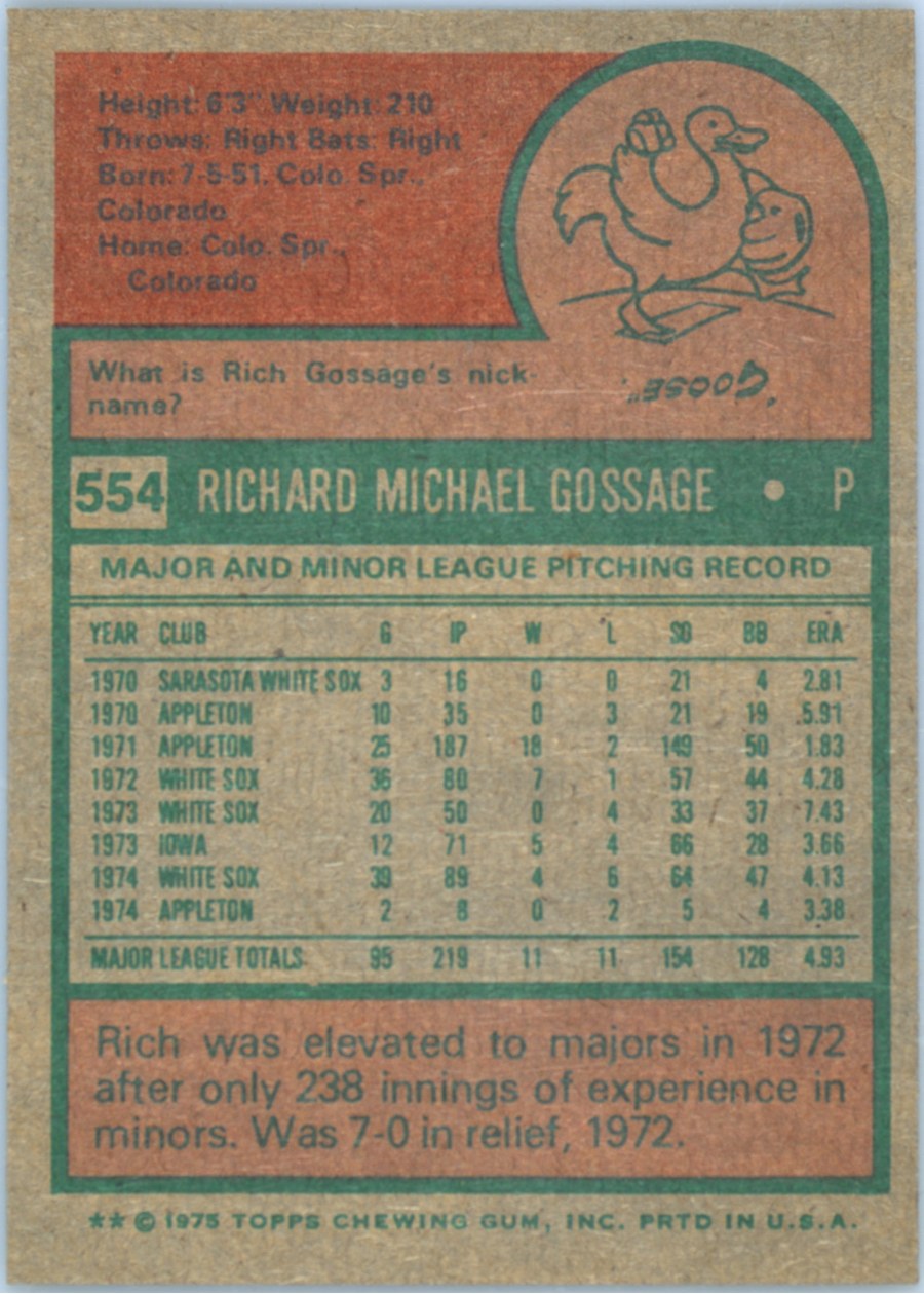 1975 Topps #554 Rich Gossage card back