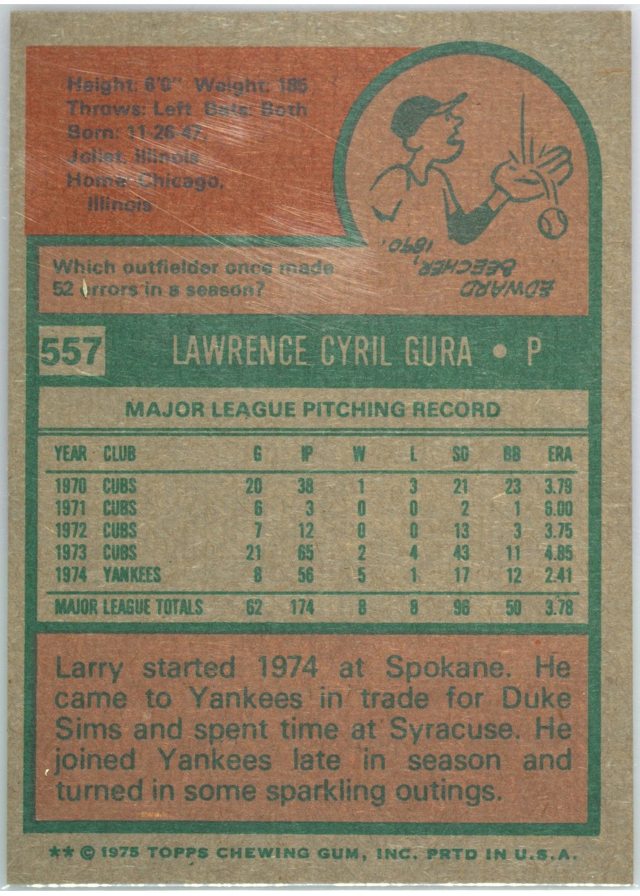1975 Topps #557 Larry Gura card back