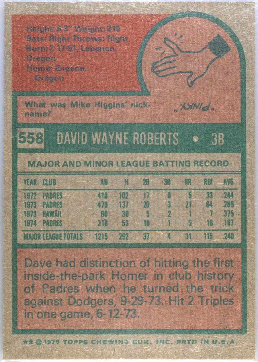 1975 Topps #558 Dave Roberts card back