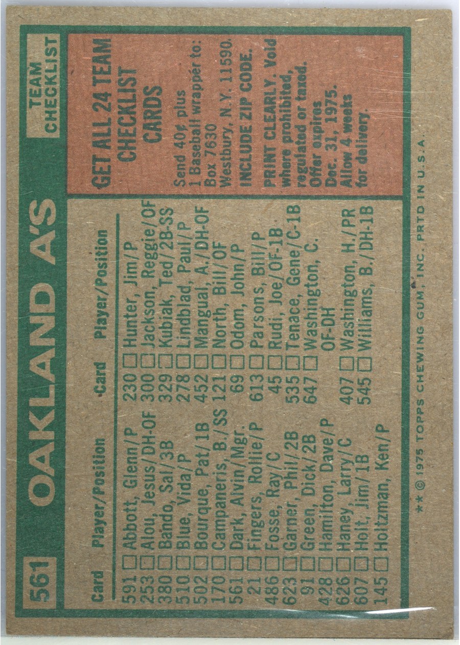 1975 Topps #561 Oakland Athletics card back