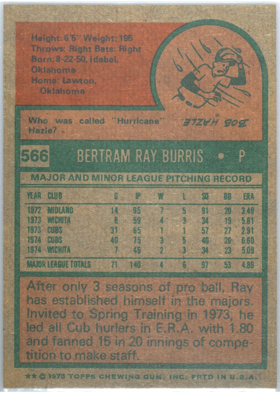1975 Topps #566 Ray Burris card back