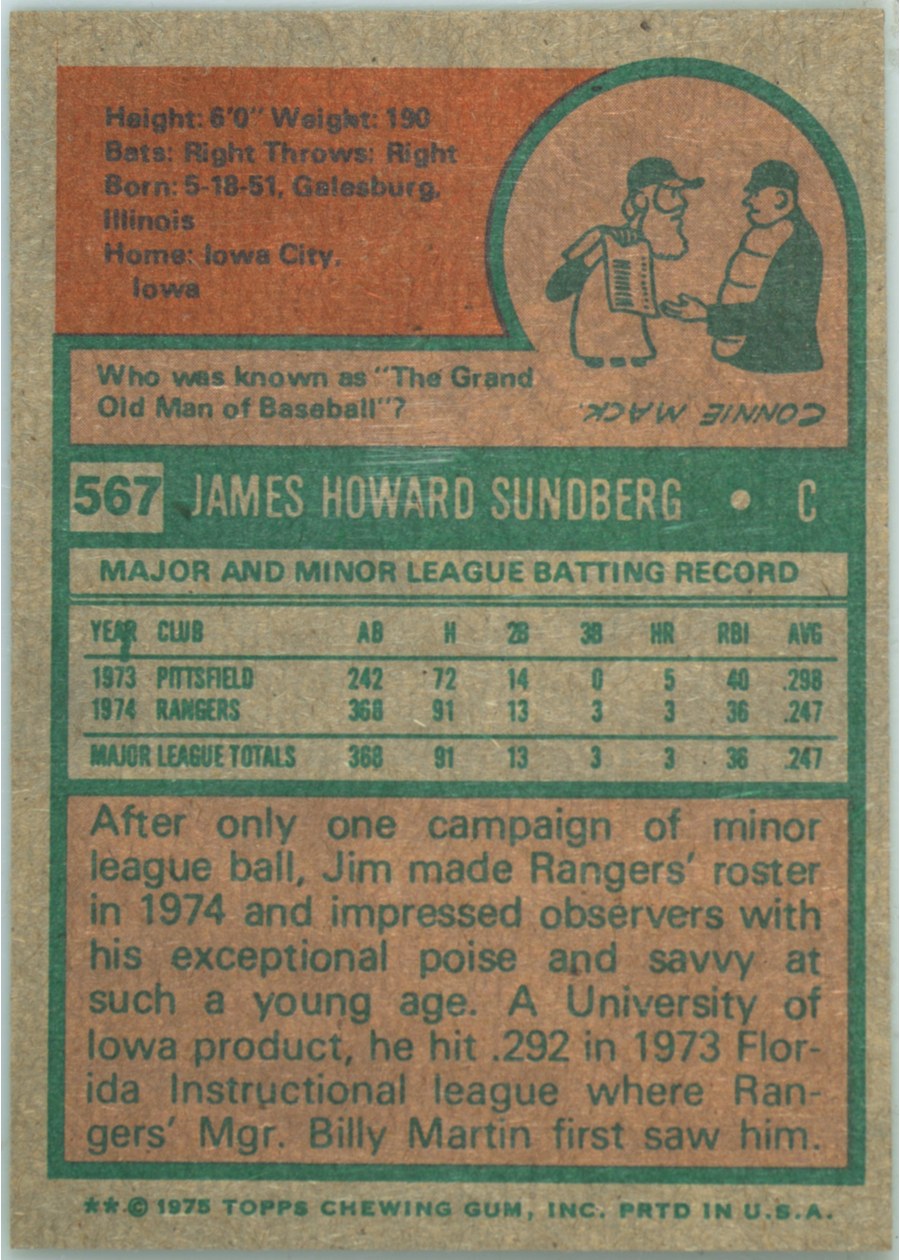 1975 Topps #567 Jim Sundberg card back
