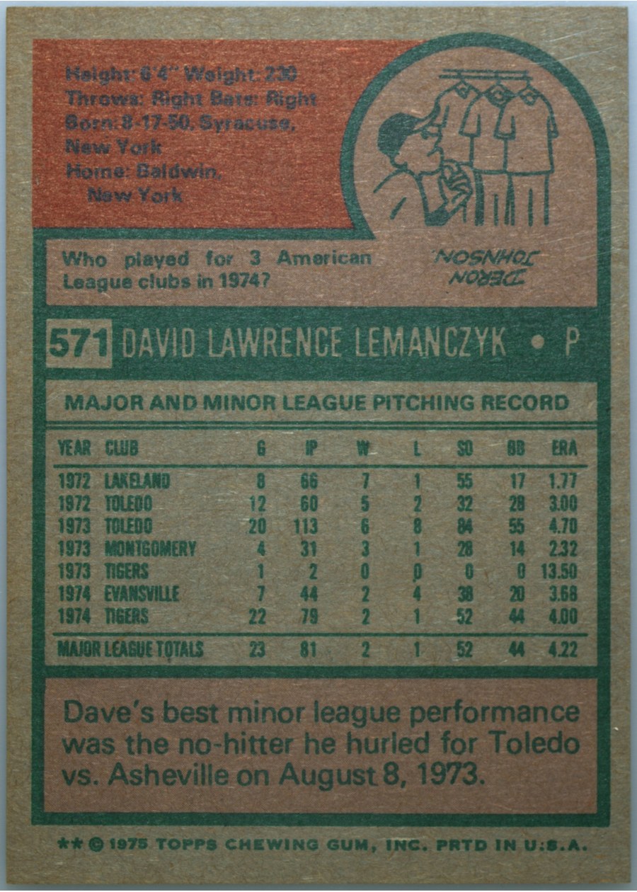 1975 Topps #571 Dave Lemanczyk card back
