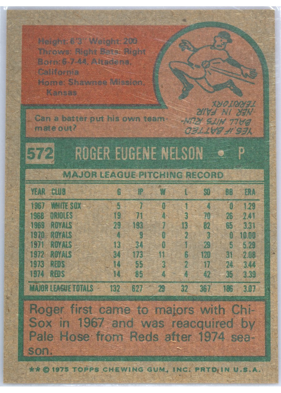 1975 Topps #572 Roger Nelson card back