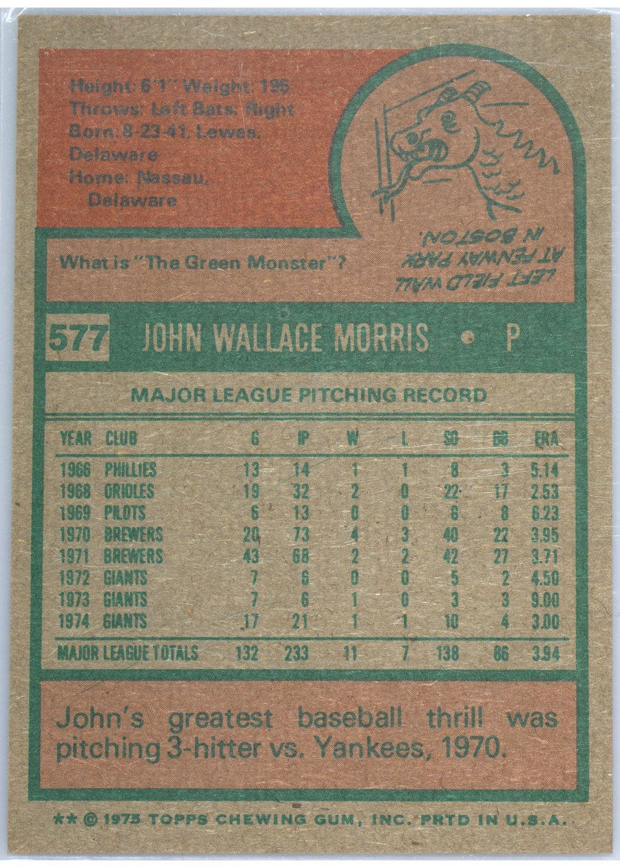1975 Topps #577 John Morris card back