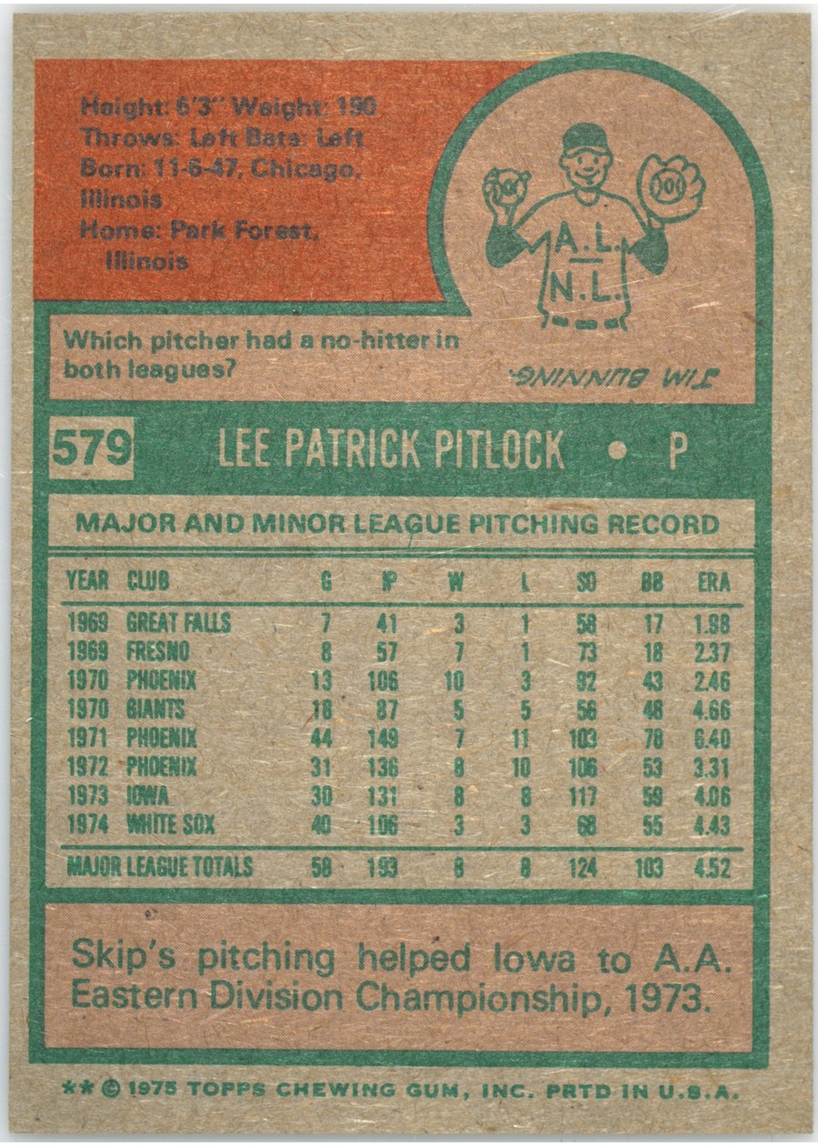 1975 Topps #579 Skip Pitlock card back