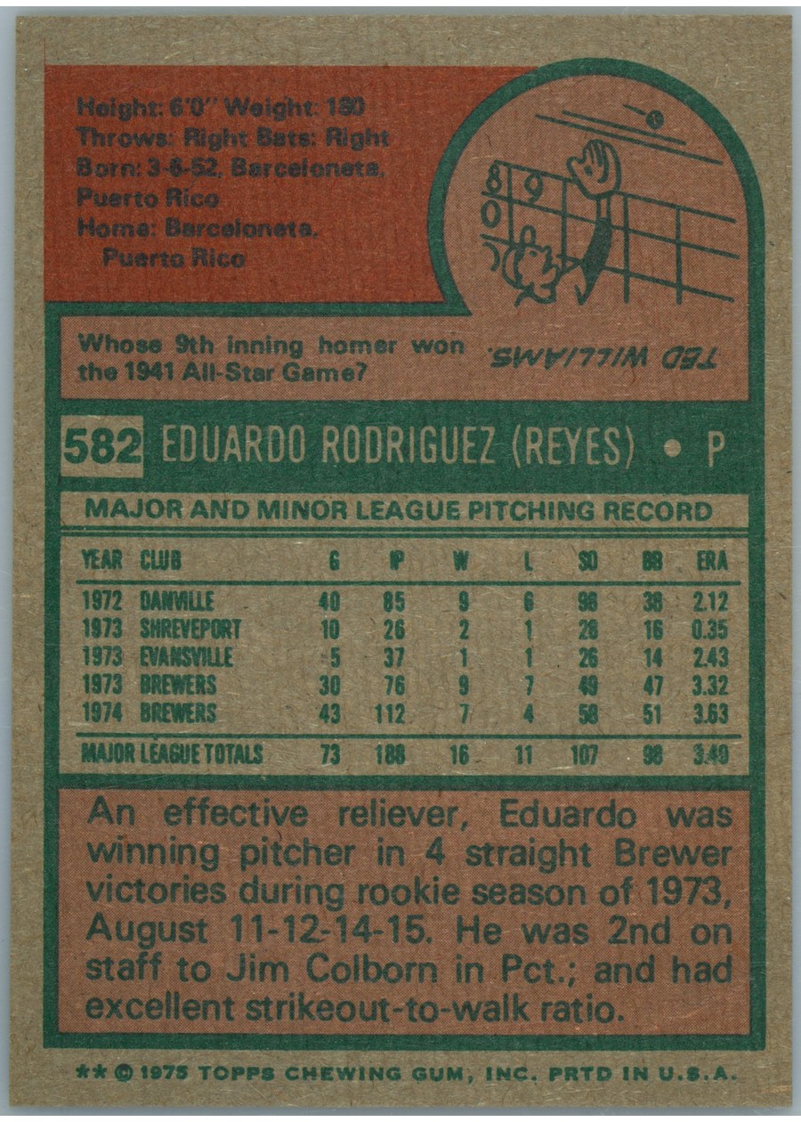1975 Topps #582 Eduardo Rodriguez card back