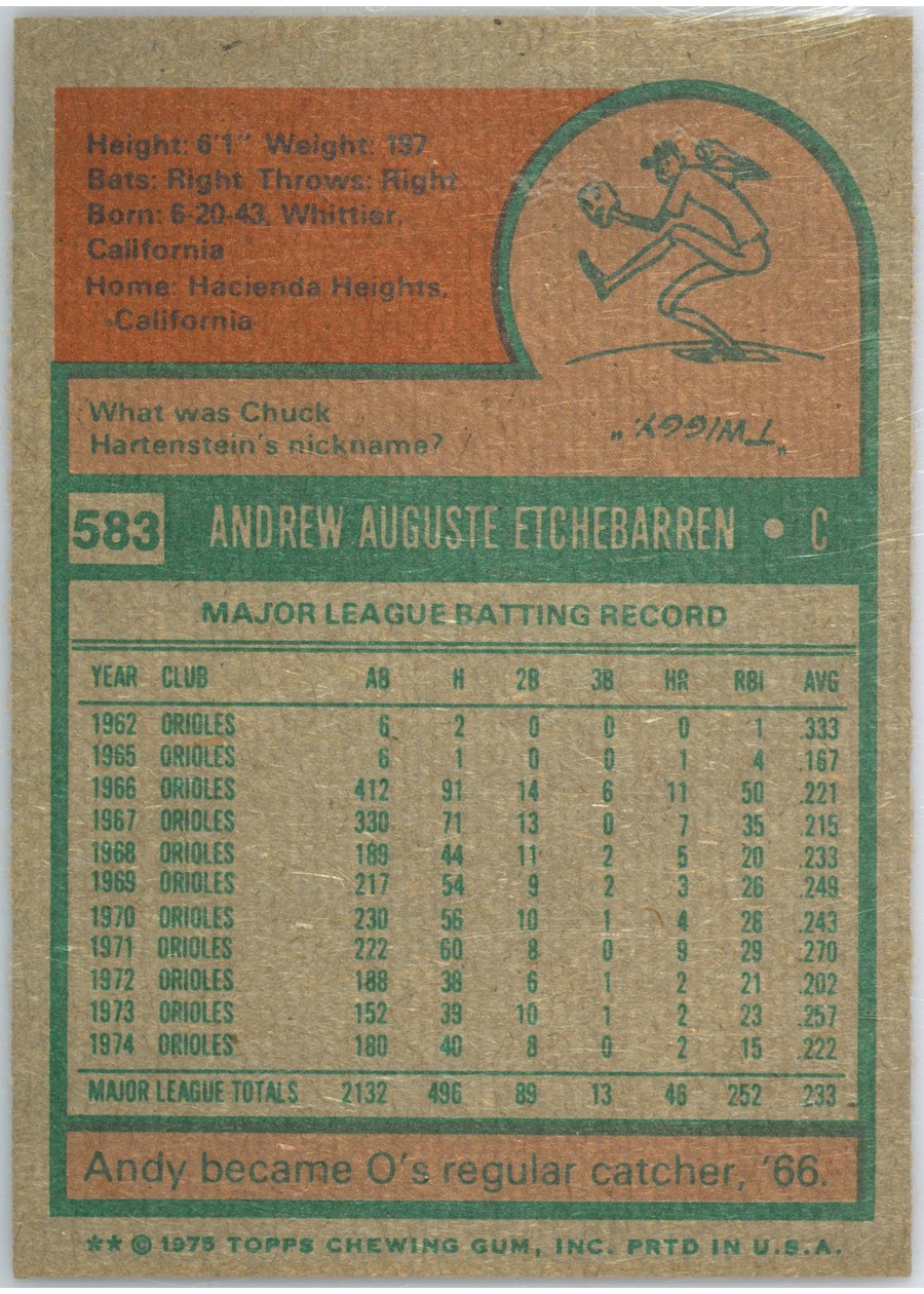 1975 Topps #583 Andy Etchebarren card back