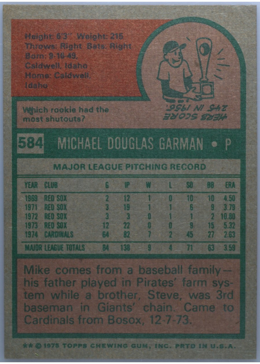 1975 Topps #584 Mike Garman card back
