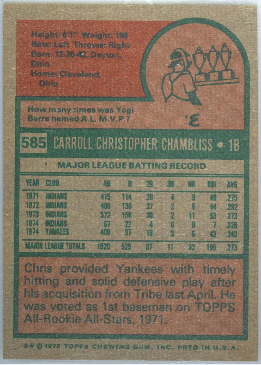 1975 Topps #585 Chris Chambliss card back