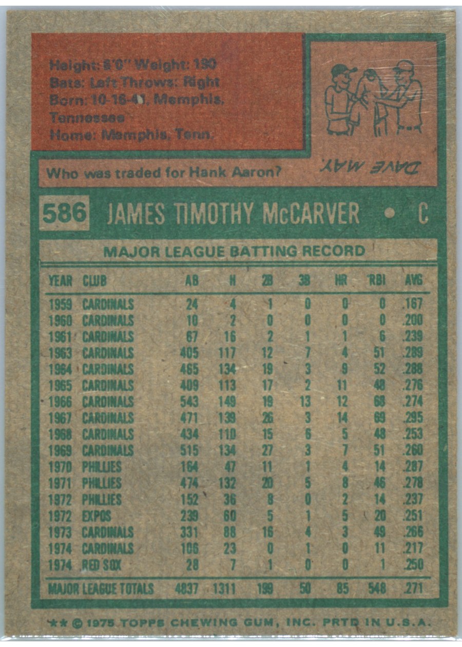 1975 Topps #586 Tim McCarver card back