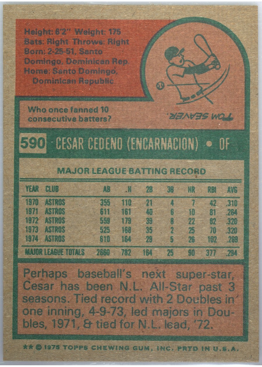 1975 Topps #590 Cesar Cedeno card back