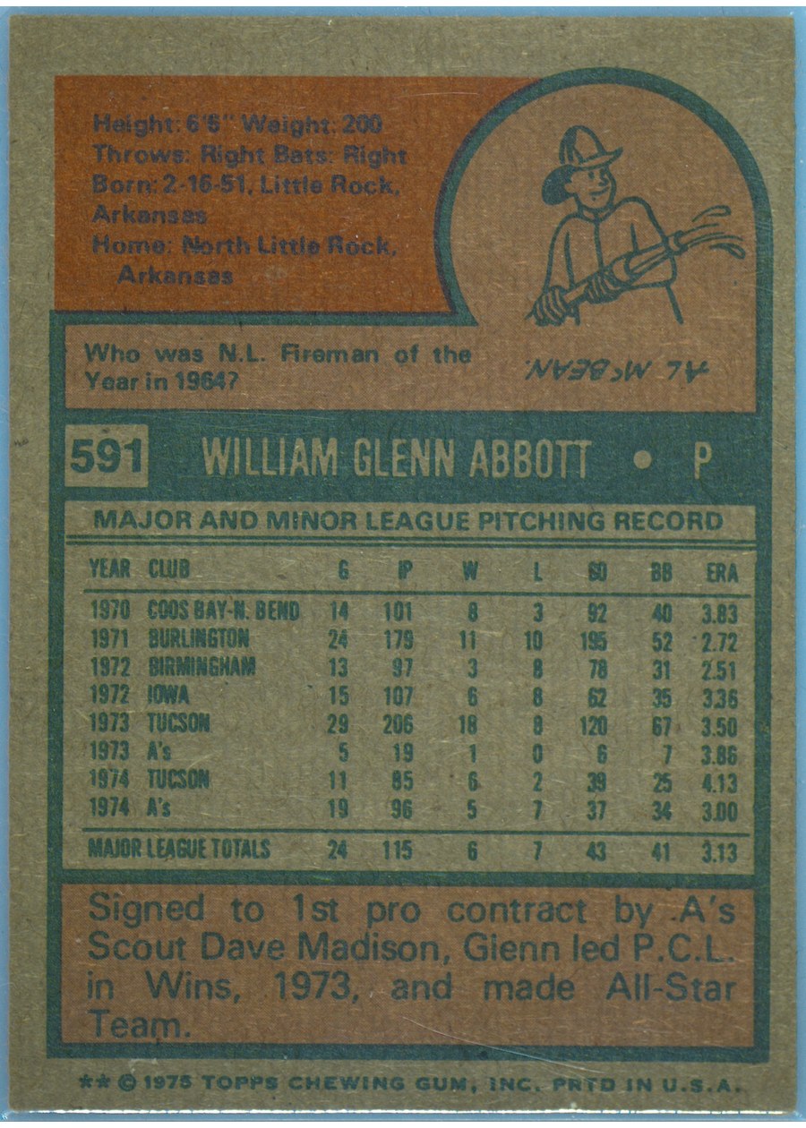 1975 Topps #591 Glenn Abbott card back