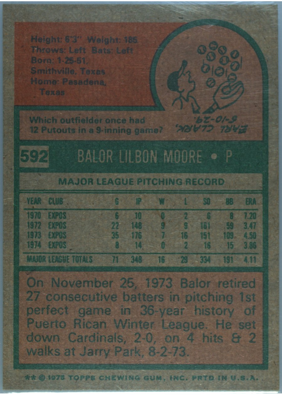 1975 Topps #592 Balor Moore card back