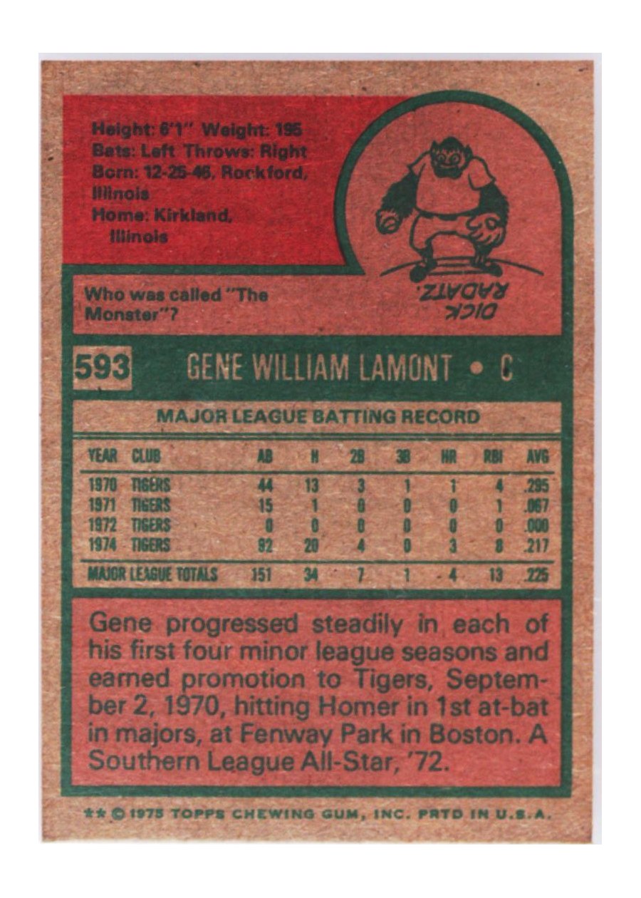 1975 Topps #593 Gene Lamont card back