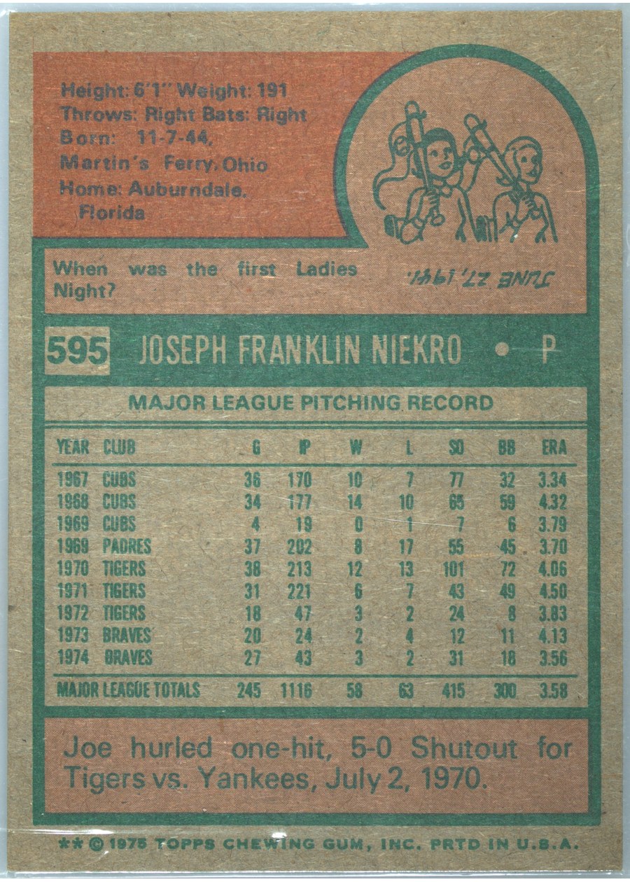 1975 Topps #595 Joe Niekro card back
