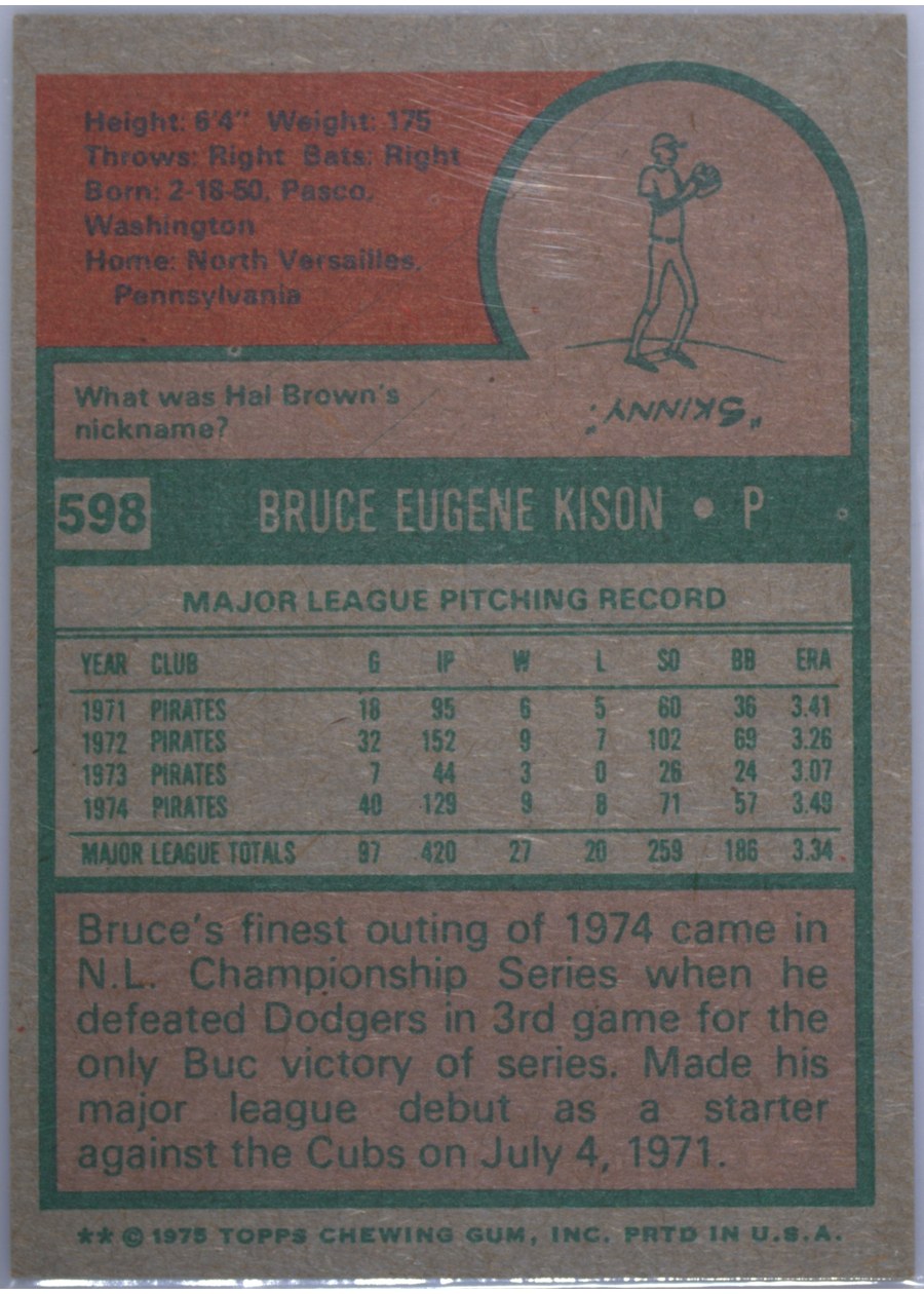 1975 Topps #598 Bruce Kison card back