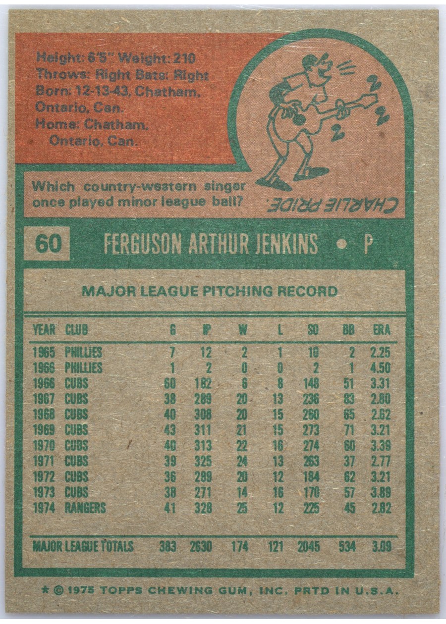 1975 Topps #60 Fergie Jenkins card back
