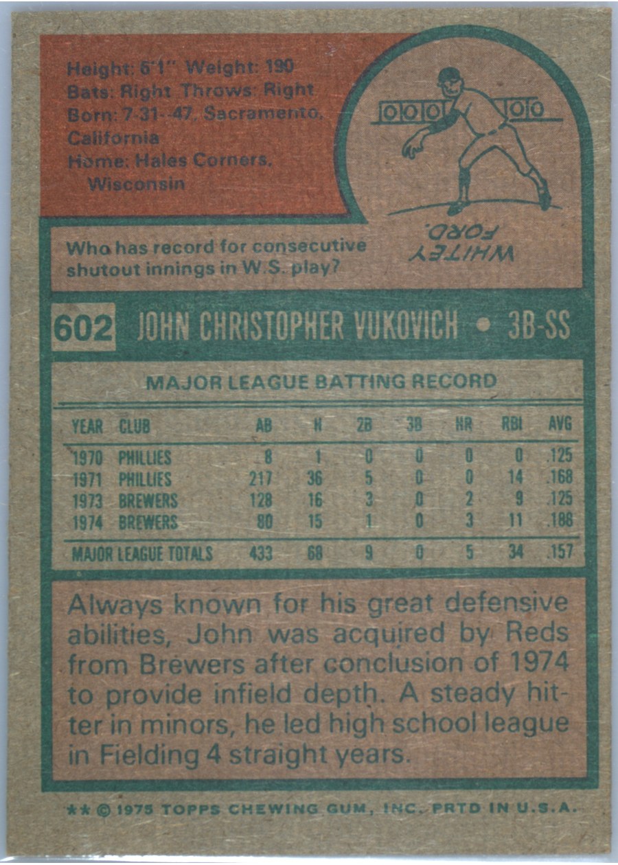 1975 Topps #602 John Vukovich card back