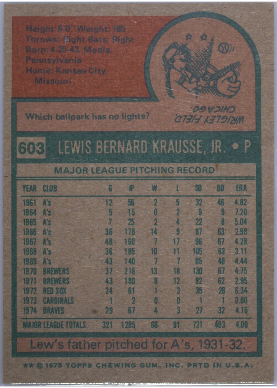 1975 Topps #603 Lew Krausse card back