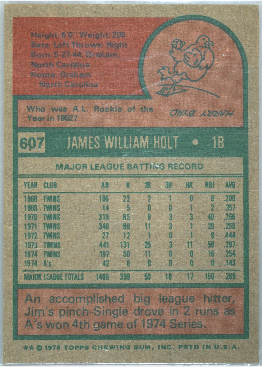1975 Topps #607 Jim Holt card back
