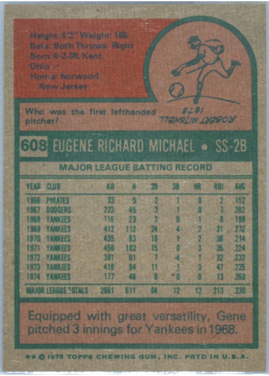 1975 Topps #608 Gene Michael card back