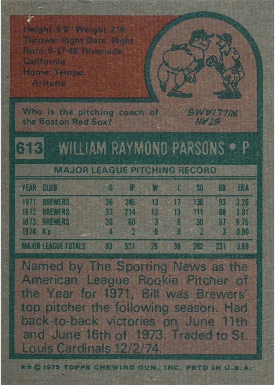 1975 Topps #613 Bill Parsons card back