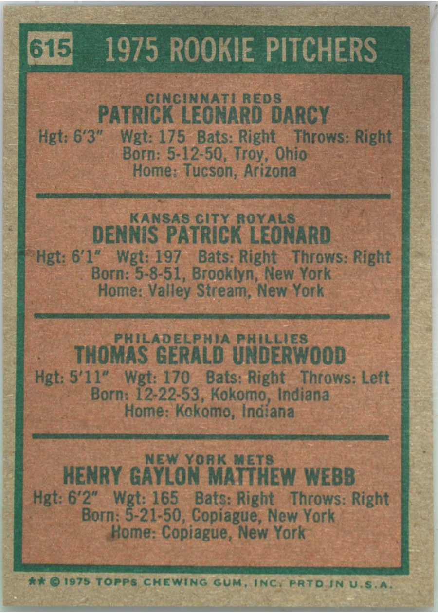 1975 Topps #615 1975 Rookie Pitchers card back
