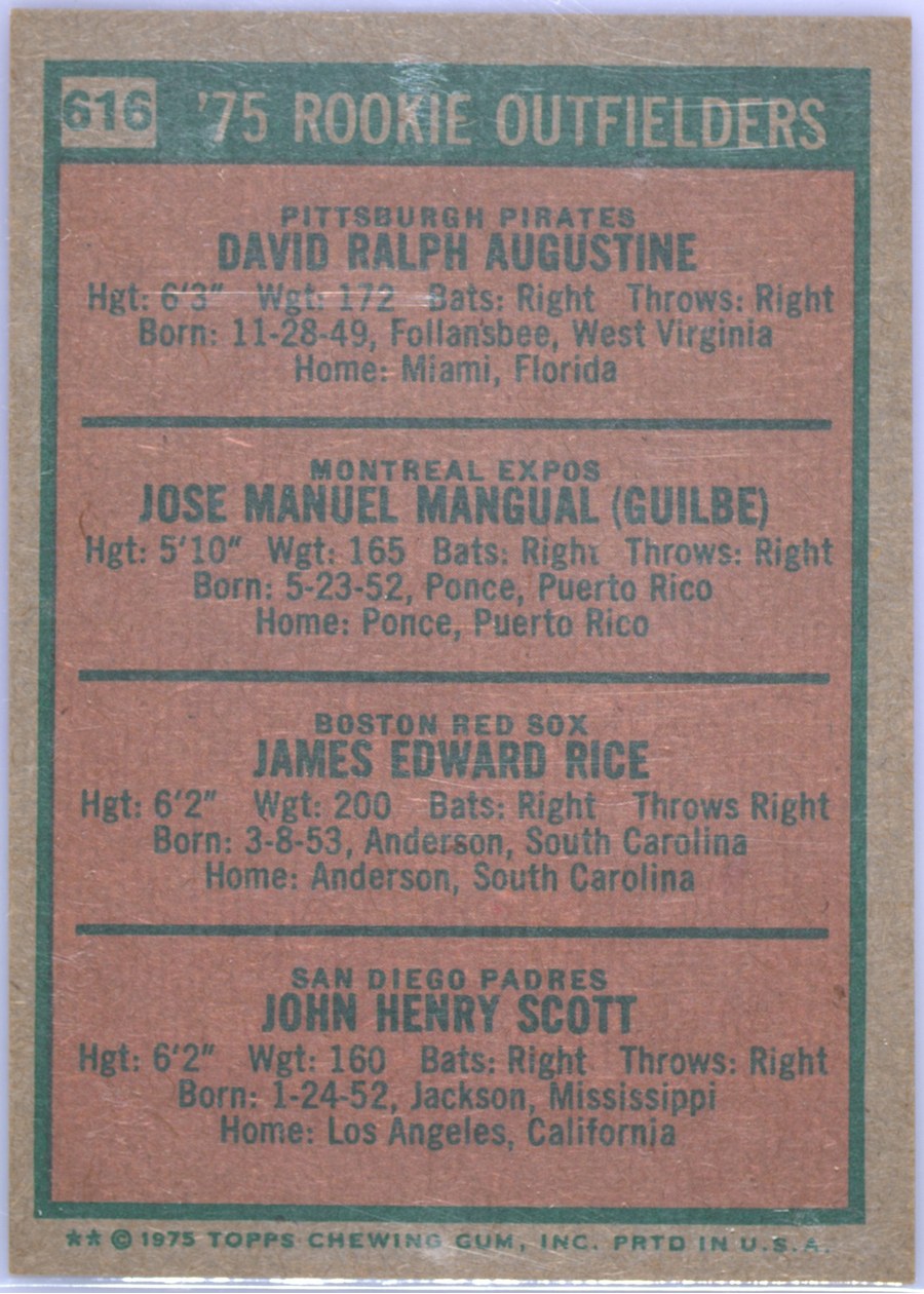 1975 Topps #616 1975 Rookie Outfielders card back
