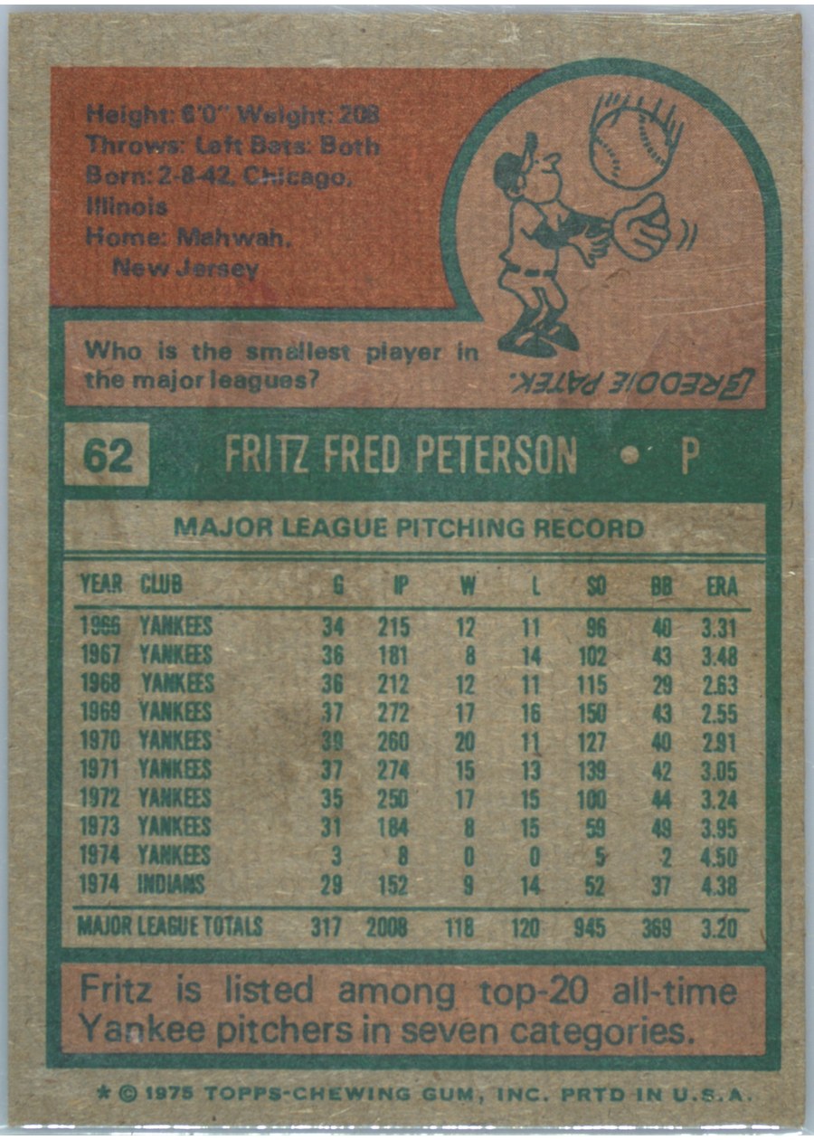 1975 Topps #62 Fritz Peterson card back