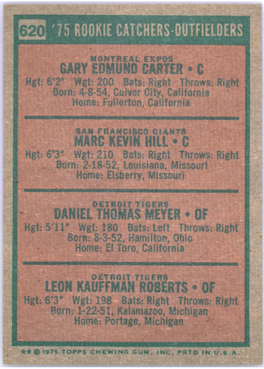 1975 Topps #620 1975 Rookie Catchers-Outfielders card back