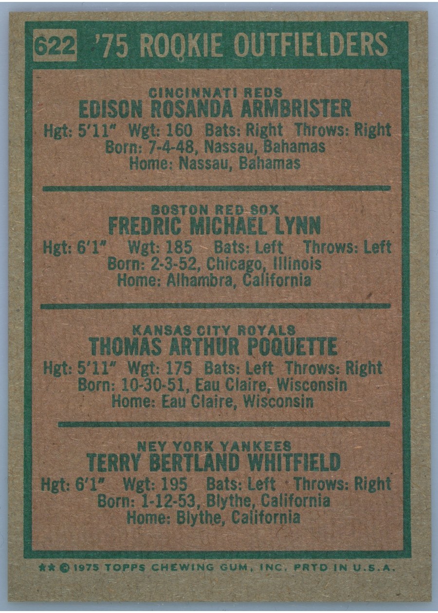1975 Topps #622 1975 Rookie Outfielders card back