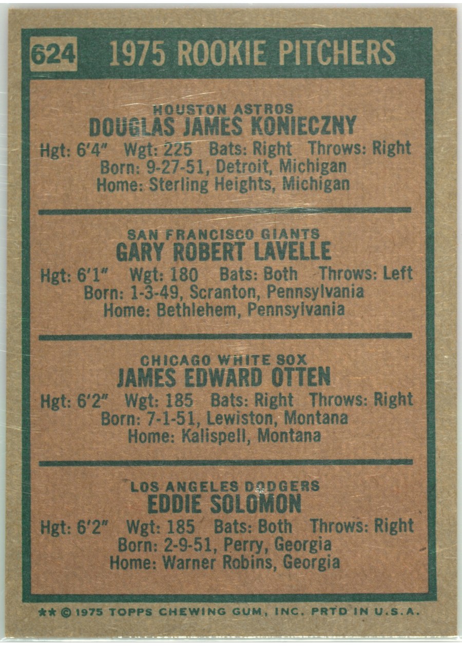 1975 Topps #624 1975 Rookie Pitchers card back