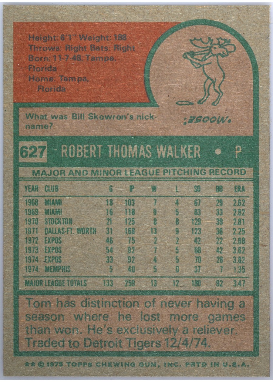 1975 Topps #627 Tom Walker card back