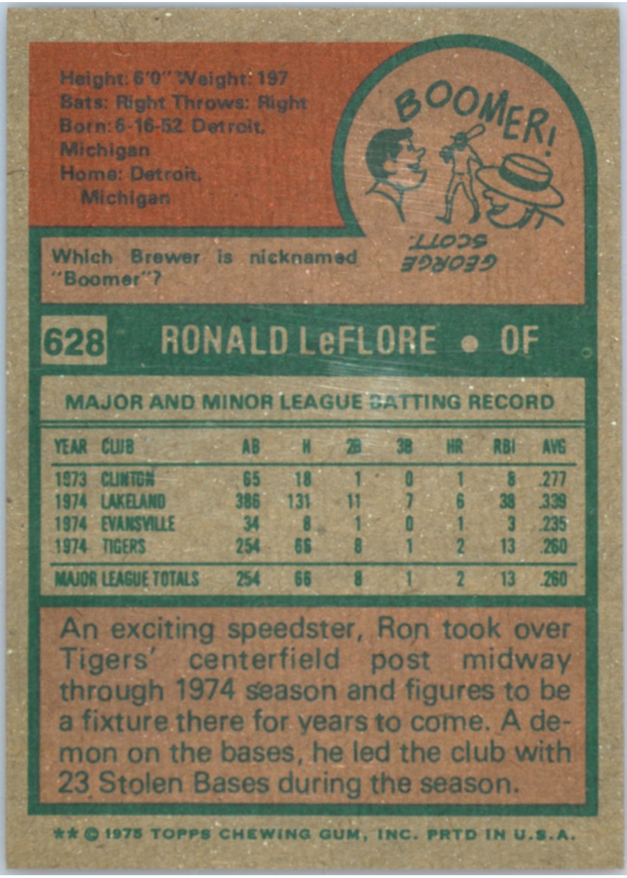 1975 Topps #628 Ron LeFlore card back