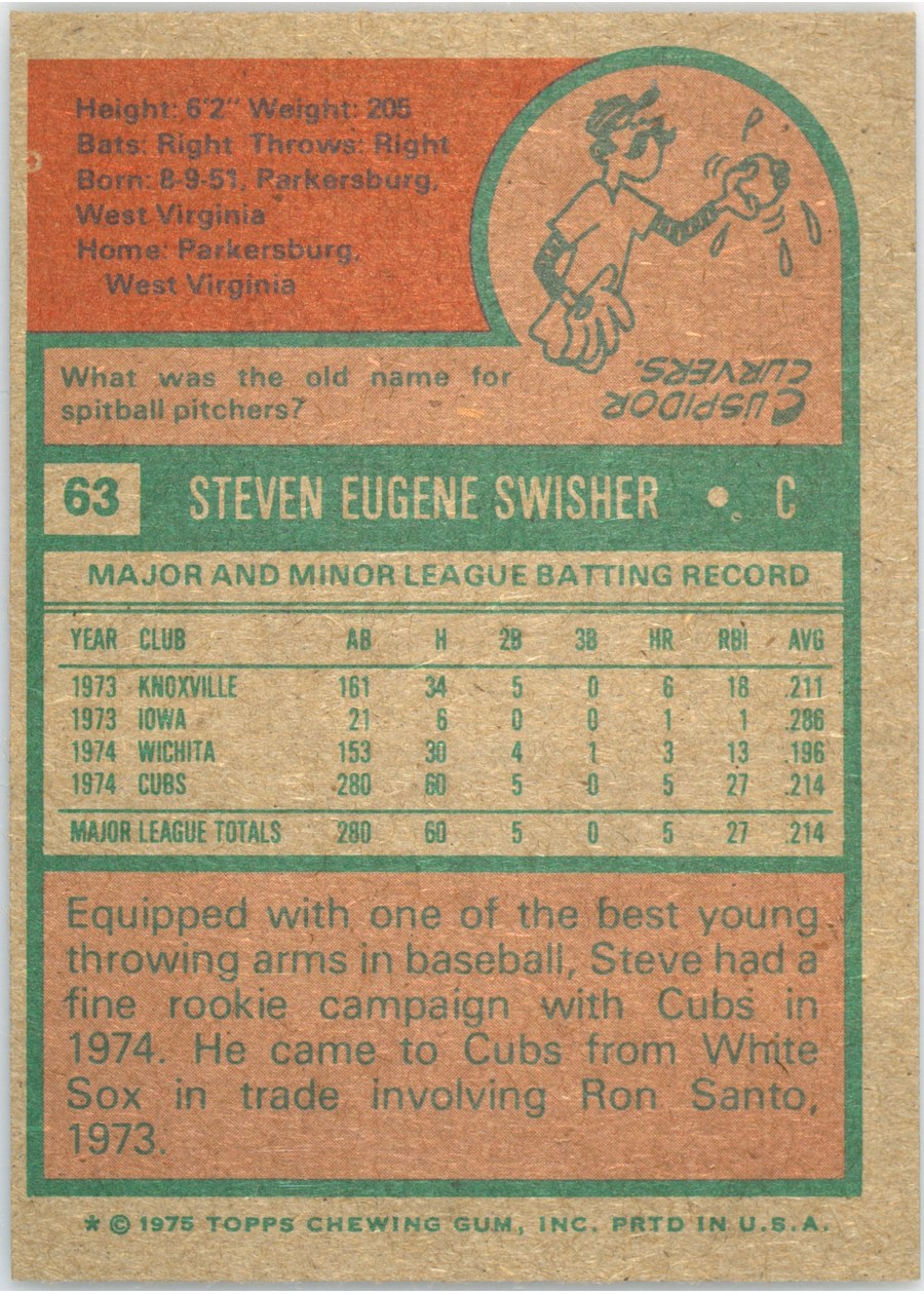 1975 Topps #63 Steve Swisher card back