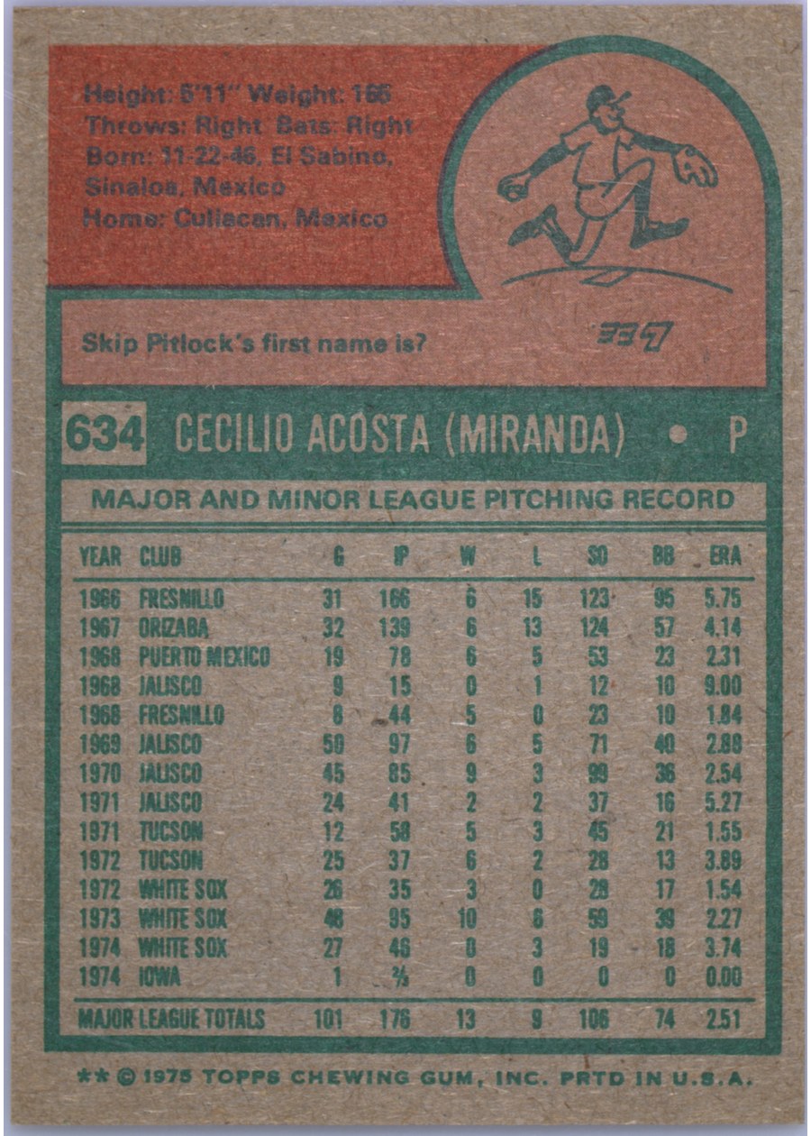 1975 Topps #634 Cy Acosta card back