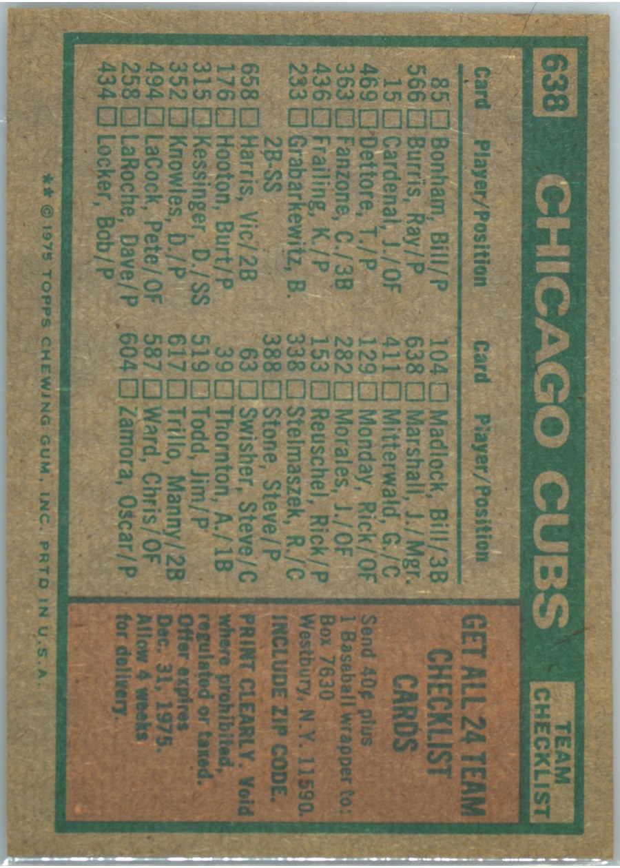 1975 Topps #638 Chicago Cubs card back